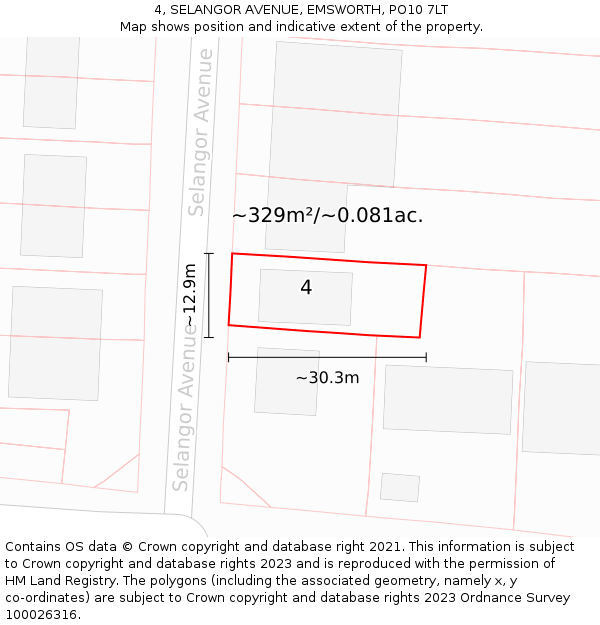 4, SELANGOR AVENUE, EMSWORTH, PO10 7LT: Plot and title map