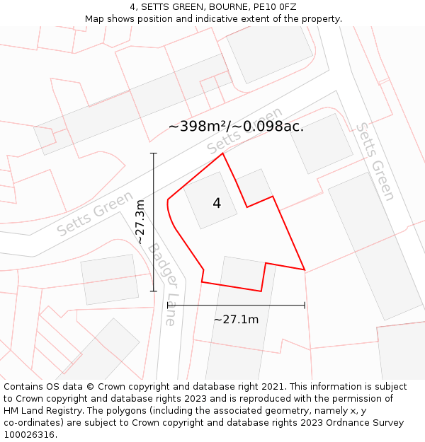 4, SETTS GREEN, BOURNE, PE10 0FZ: Plot and title map