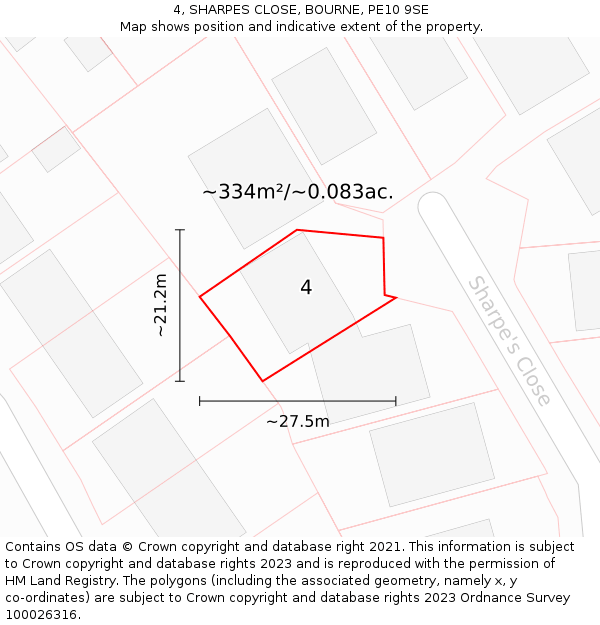 4, SHARPES CLOSE, BOURNE, PE10 9SE: Plot and title map