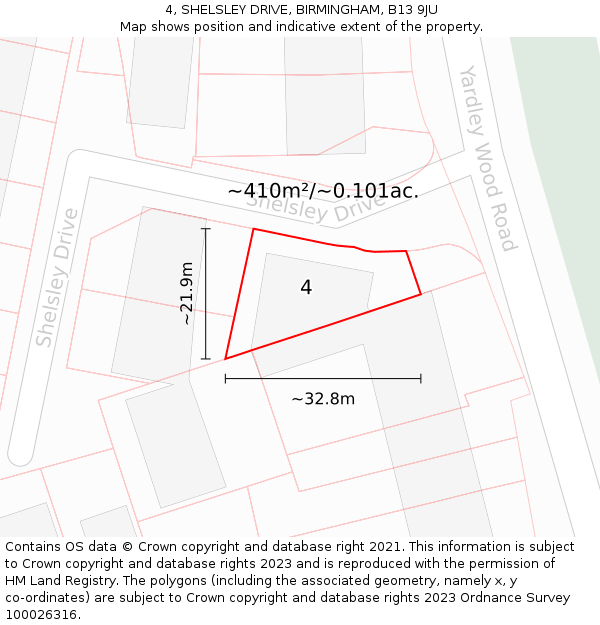 4, SHELSLEY DRIVE, BIRMINGHAM, B13 9JU: Plot and title map