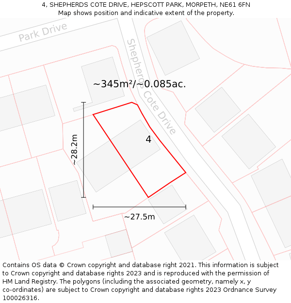 4, SHEPHERDS COTE DRIVE, HEPSCOTT PARK, MORPETH, NE61 6FN: Plot and title map