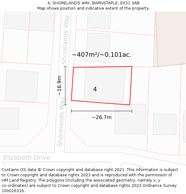 4, SHORELANDS WAY, BARNSTAPLE, EX31 3AB: Plot and title map