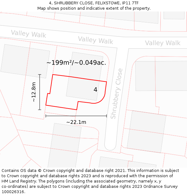 4, SHRUBBERY CLOSE, FELIXSTOWE, IP11 7TF: Plot and title map