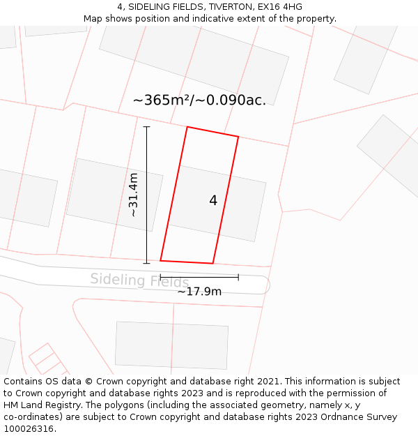 4, SIDELING FIELDS, TIVERTON, EX16 4HG: Plot and title map