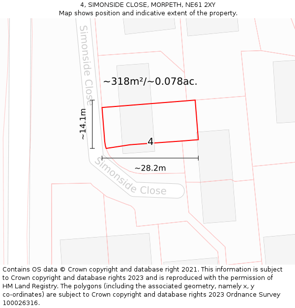 4, SIMONSIDE CLOSE, MORPETH, NE61 2XY: Plot and title map
