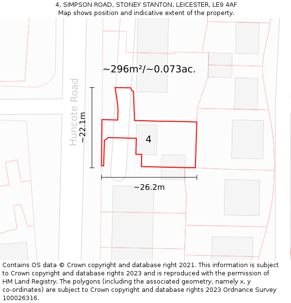 4, SIMPSON ROAD, STONEY STANTON, LEICESTER, LE9 4AF: Plot and title map