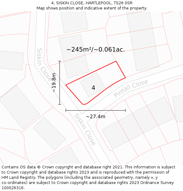 4, SISKIN CLOSE, HARTLEPOOL, TS26 0SR: Plot and title map