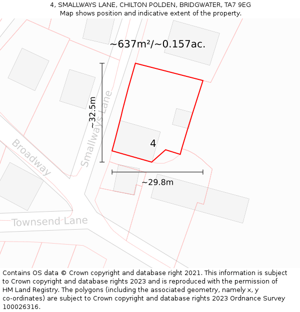 4, SMALLWAYS LANE, CHILTON POLDEN, BRIDGWATER, TA7 9EG: Plot and title map