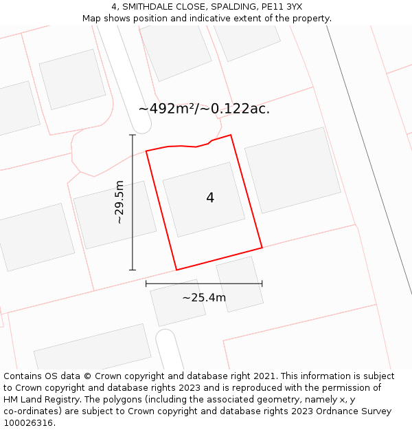 4, SMITHDALE CLOSE, SPALDING, PE11 3YX: Plot and title map