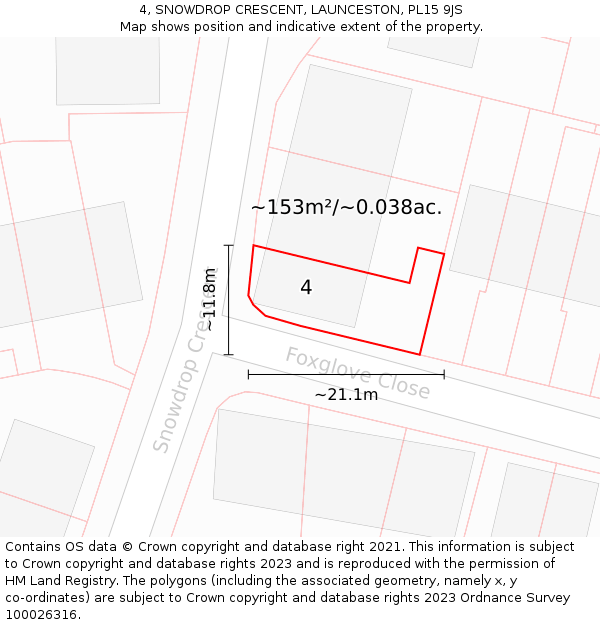 4, SNOWDROP CRESCENT, LAUNCESTON, PL15 9JS: Plot and title map