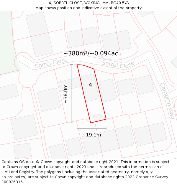 4, SORREL CLOSE, WOKINGHAM, RG40 5YA: Plot and title map