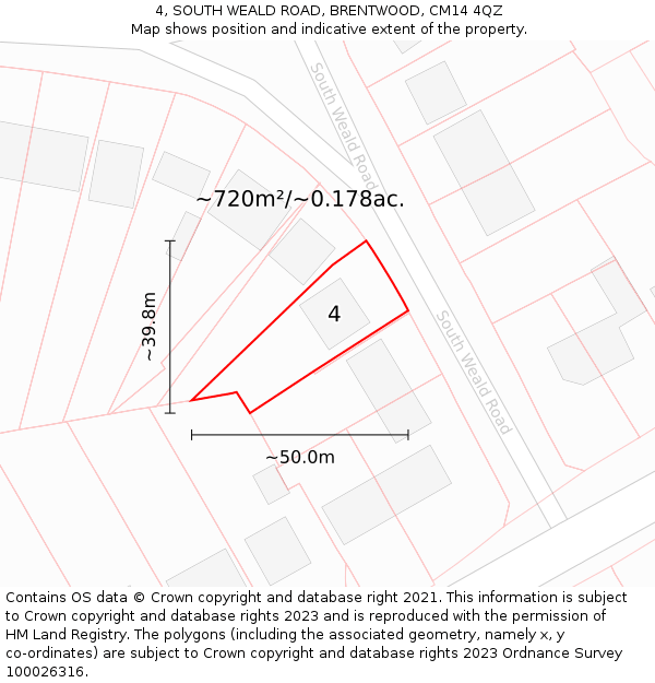 4, SOUTH WEALD ROAD, BRENTWOOD, CM14 4QZ: Plot and title map