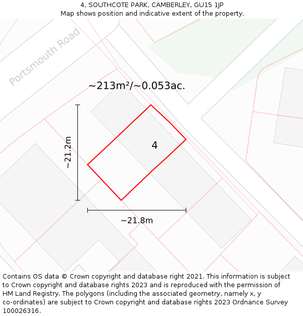 4, SOUTHCOTE PARK, CAMBERLEY, GU15 1JP: Plot and title map