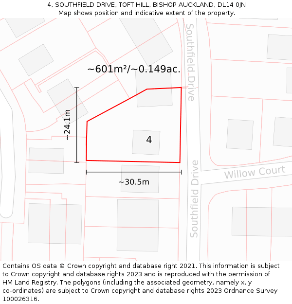 4, SOUTHFIELD DRIVE, TOFT HILL, BISHOP AUCKLAND, DL14 0JN: Plot and title map