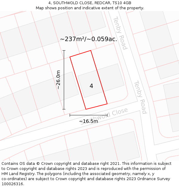 4, SOUTHWOLD CLOSE, REDCAR, TS10 4GB: Plot and title map