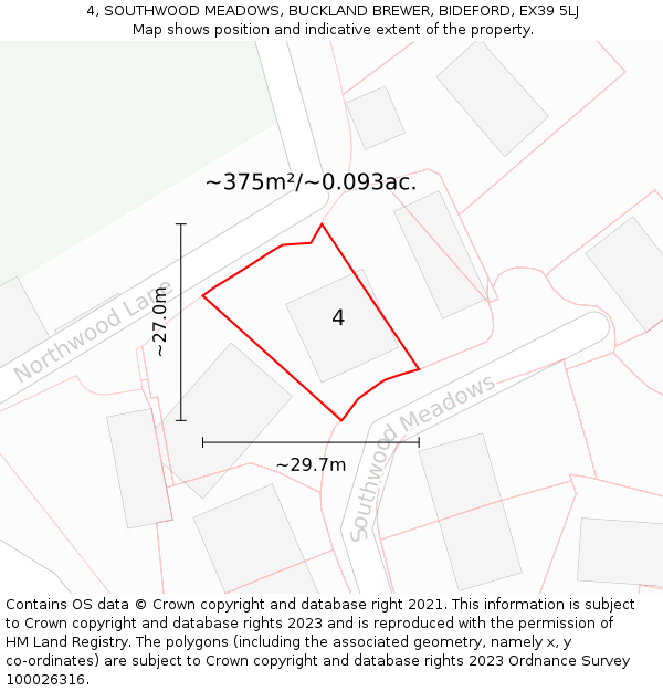 4, SOUTHWOOD MEADOWS, BUCKLAND BREWER, BIDEFORD, EX39 5LJ: Plot and title map