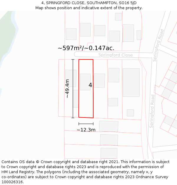 4, SPRINGFORD CLOSE, SOUTHAMPTON, SO16 5JD: Plot and title map