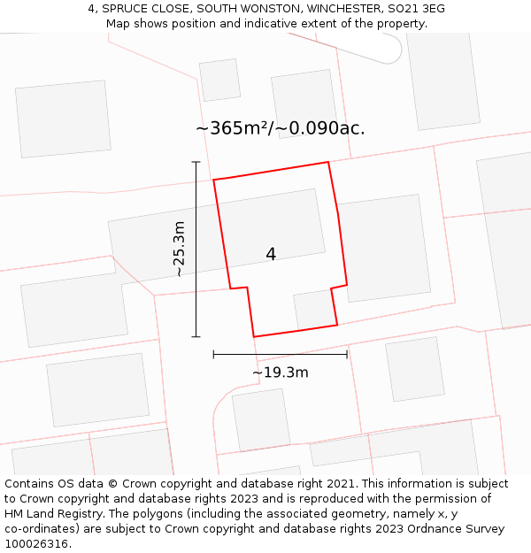 4, SPRUCE CLOSE, SOUTH WONSTON, WINCHESTER, SO21 3EG: Plot and title map
