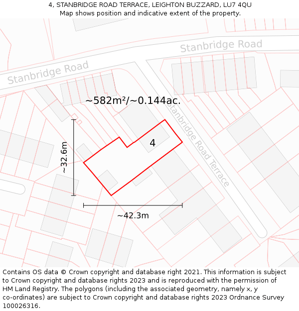 4, STANBRIDGE ROAD TERRACE, LEIGHTON BUZZARD, LU7 4QU: Plot and title map