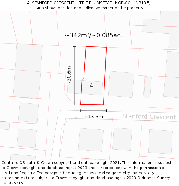 4, STANFORD CRESCENT, LITTLE PLUMSTEAD, NORWICH, NR13 5JL: Plot and title map