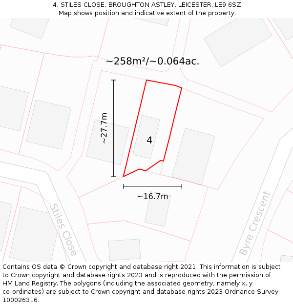 4, STILES CLOSE, BROUGHTON ASTLEY, LEICESTER, LE9 6SZ: Plot and title map