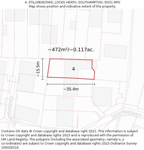4, STILLMEADOWS, LOCKS HEATH, SOUTHAMPTON, SO31 6PN: Plot and title map