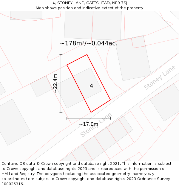 4, STONEY LANE, GATESHEAD, NE9 7SJ: Plot and title map