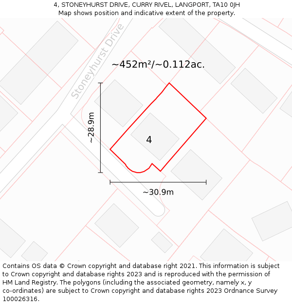 4, STONEYHURST DRIVE, CURRY RIVEL, LANGPORT, TA10 0JH: Plot and title map