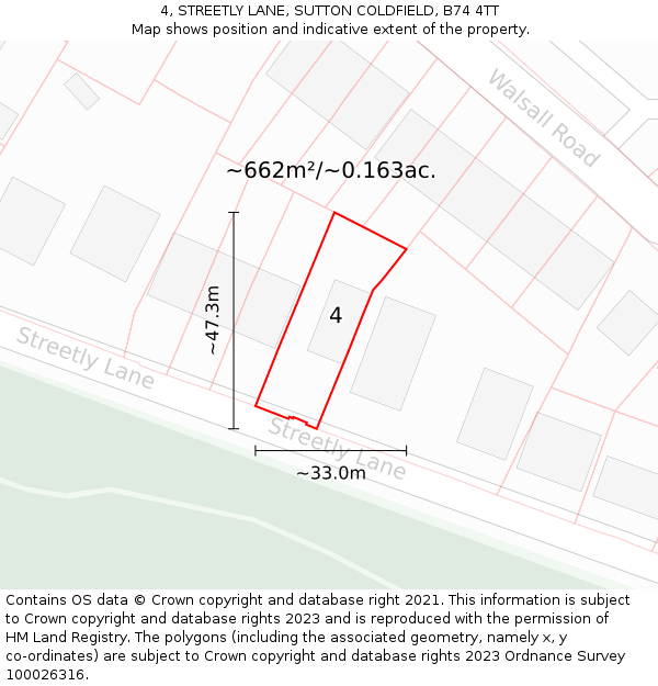 4, STREETLY LANE, SUTTON COLDFIELD, B74 4TT: Plot and title map