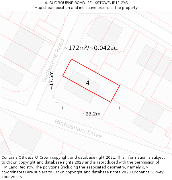 4, SUDBOURNE ROAD, FELIXSTOWE, IP11 2YS: Plot and title map