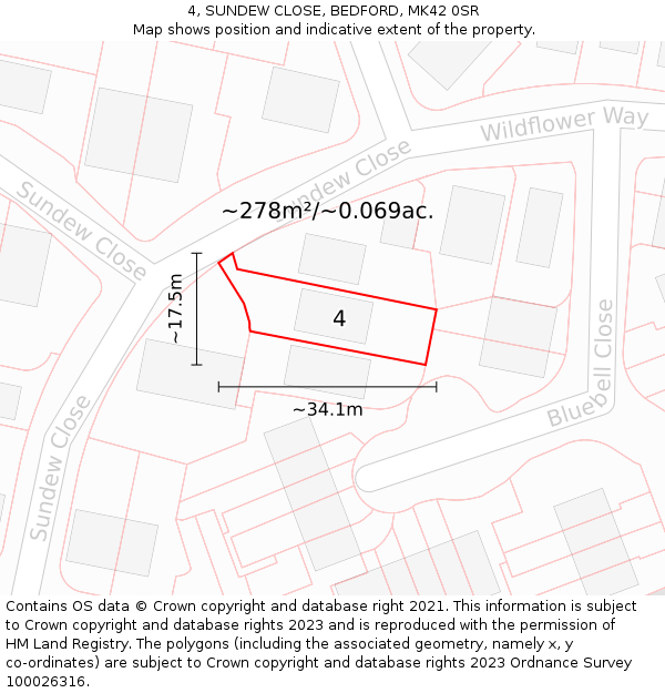 4, SUNDEW CLOSE, BEDFORD, MK42 0SR: Plot and title map