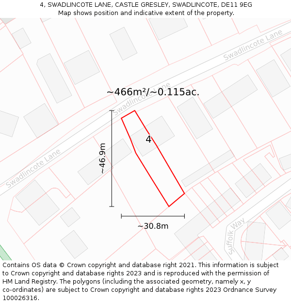 4, SWADLINCOTE LANE, CASTLE GRESLEY, SWADLINCOTE, DE11 9EG: Plot and title map