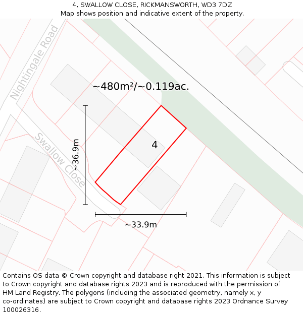 4, SWALLOW CLOSE, RICKMANSWORTH, WD3 7DZ: Plot and title map