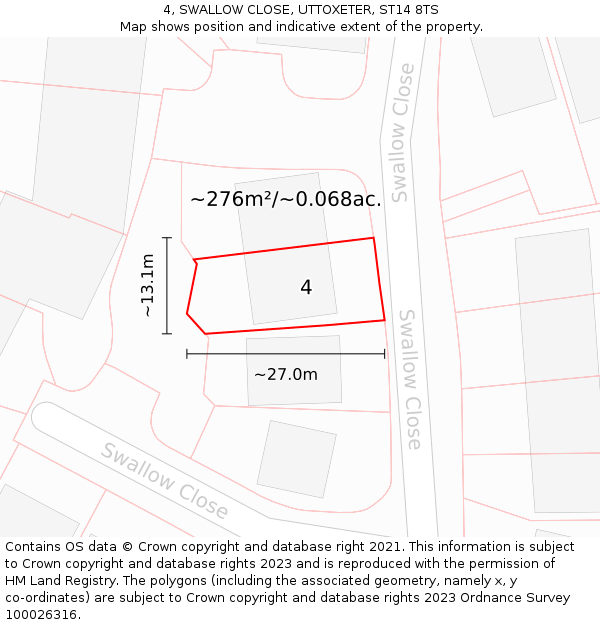 4, SWALLOW CLOSE, UTTOXETER, ST14 8TS: Plot and title map