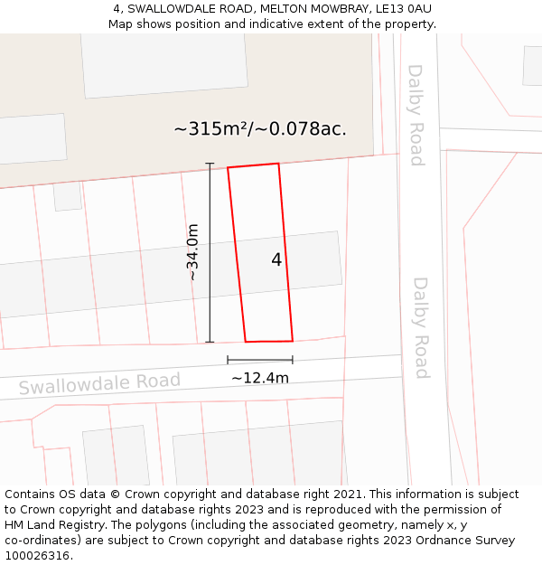 4, SWALLOWDALE ROAD, MELTON MOWBRAY, LE13 0AU: Plot and title map