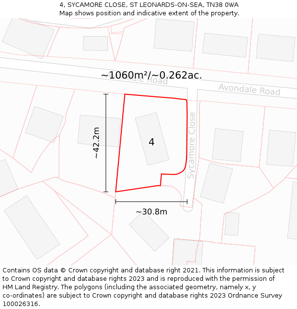 4, SYCAMORE CLOSE, ST LEONARDS-ON-SEA, TN38 0WA: Plot and title map