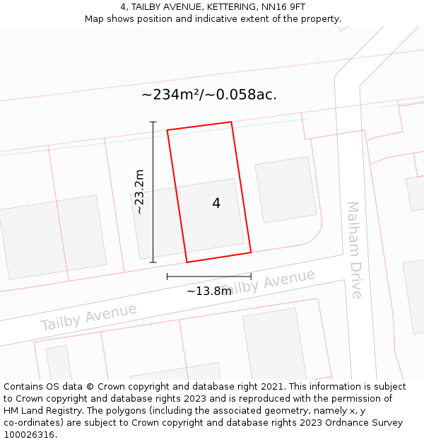 4, TAILBY AVENUE, KETTERING, NN16 9FT: Plot and title map