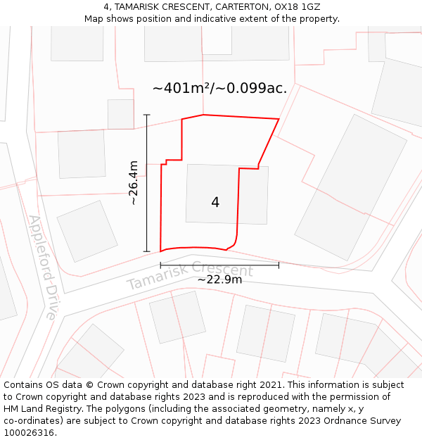 4, TAMARISK CRESCENT, CARTERTON, OX18 1GZ: Plot and title map