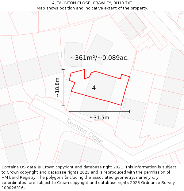 4, TAUNTON CLOSE, CRAWLEY, RH10 7XT: Plot and title map