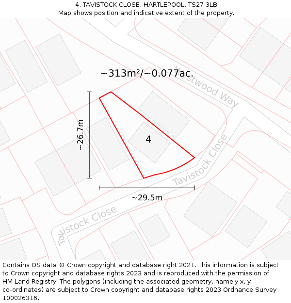 4, TAVISTOCK CLOSE, HARTLEPOOL, TS27 3LB: Plot and title map