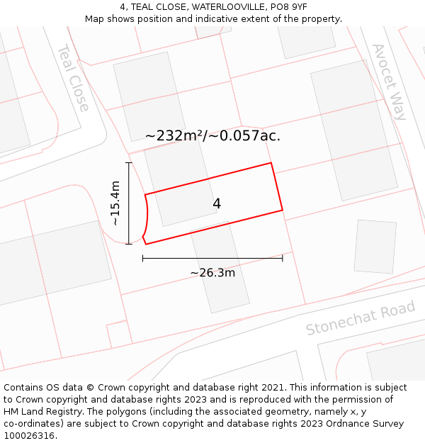 4, TEAL CLOSE, WATERLOOVILLE, PO8 9YF: Plot and title map