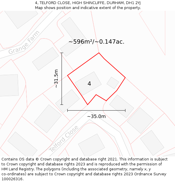 4, TELFORD CLOSE, HIGH SHINCLIFFE, DURHAM, DH1 2YJ: Plot and title map