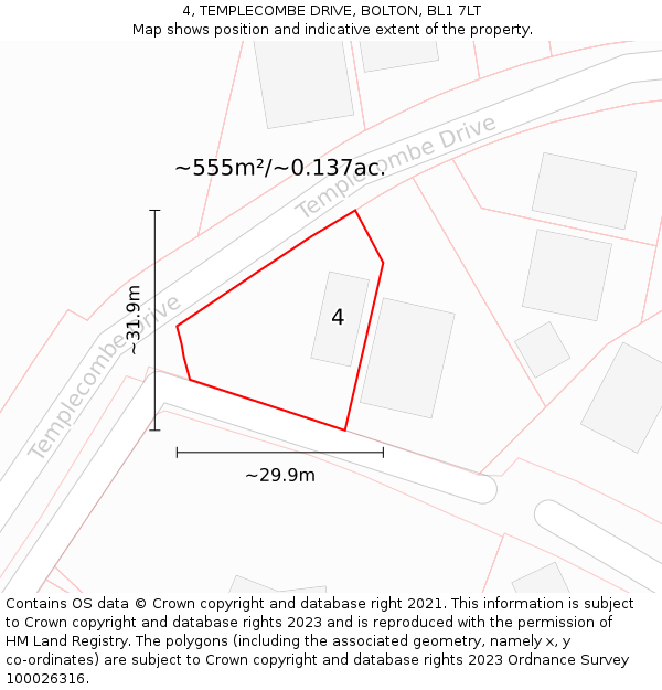 4, TEMPLECOMBE DRIVE, BOLTON, BL1 7LT: Plot and title map