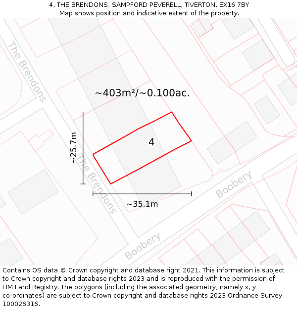 4, THE BRENDONS, SAMPFORD PEVERELL, TIVERTON, EX16 7BY: Plot and title map