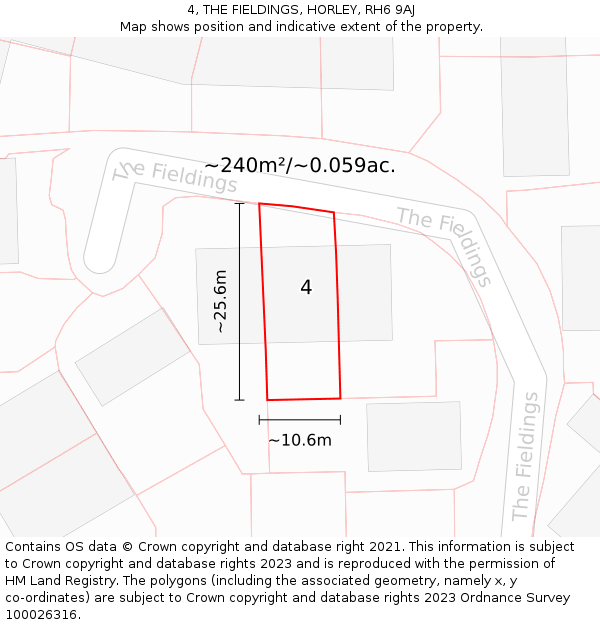 4, THE FIELDINGS, HORLEY, RH6 9AJ: Plot and title map