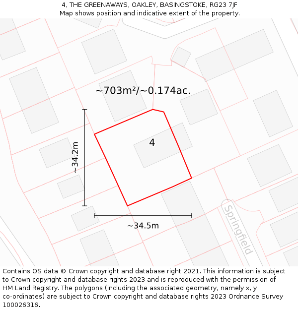 4, THE GREENAWAYS, OAKLEY, BASINGSTOKE, RG23 7JF: Plot and title map