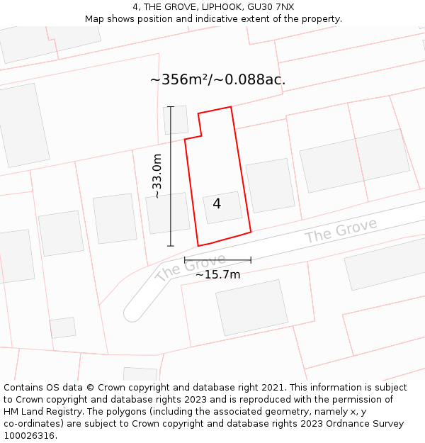 4, THE GROVE, LIPHOOK, GU30 7NX: Plot and title map