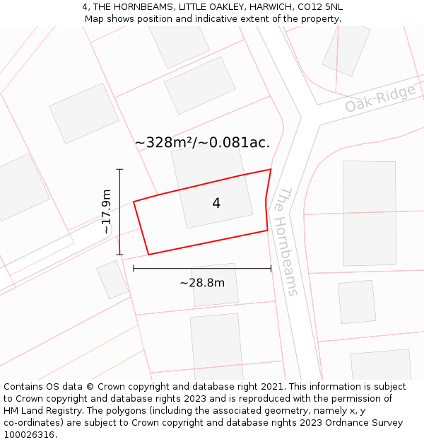 4, THE HORNBEAMS, LITTLE OAKLEY, HARWICH, CO12 5NL: Plot and title map