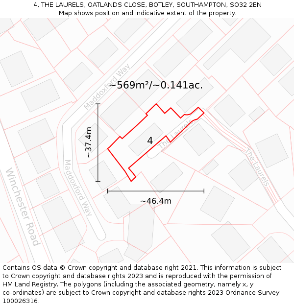 4, THE LAURELS, OATLANDS CLOSE, BOTLEY, SOUTHAMPTON, SO32 2EN: Plot and title map