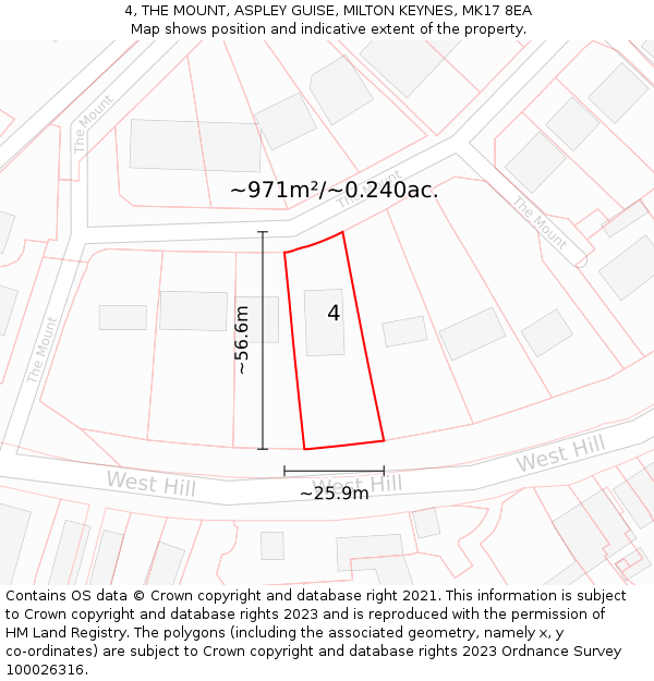 4, THE MOUNT, ASPLEY GUISE, MILTON KEYNES, MK17 8EA: Plot and title map